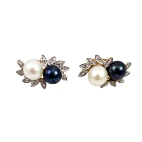 14K Gold Cultured White & Black Pearl Earrings