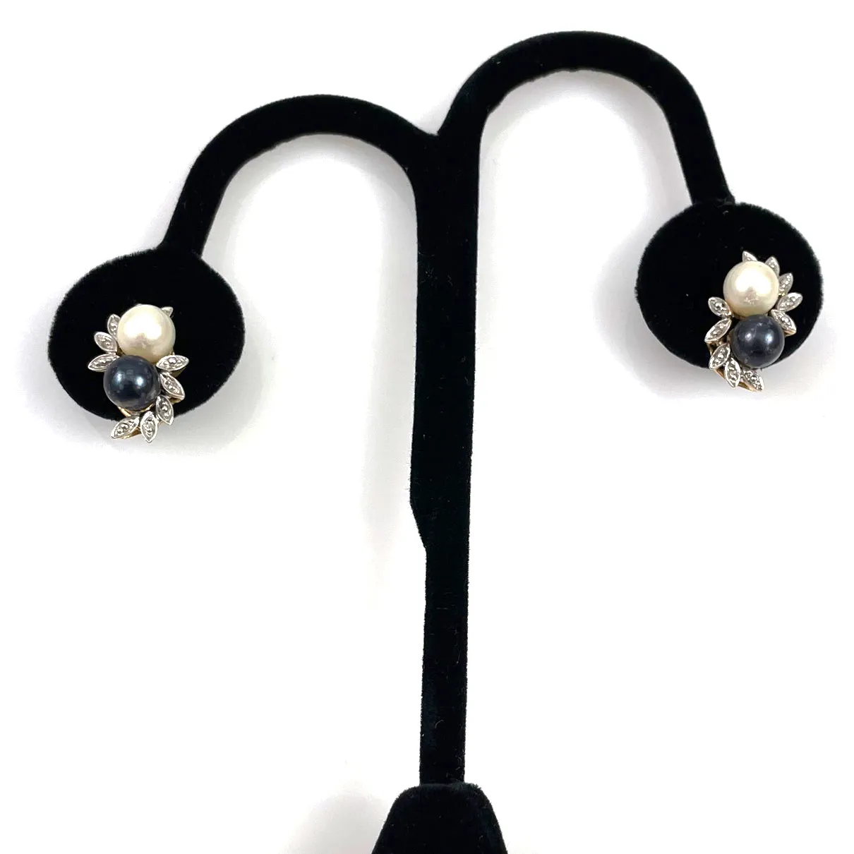 14K Gold Cultured White & Black Pearl Earrings