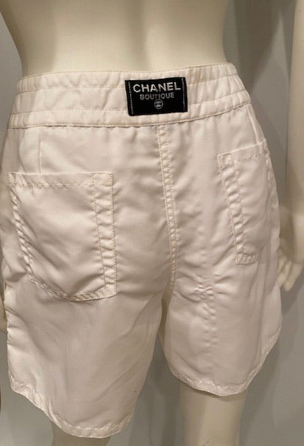 96P, 1996 Spring Vintage Chanel Boutique White Nylon Sport Shorts US 6