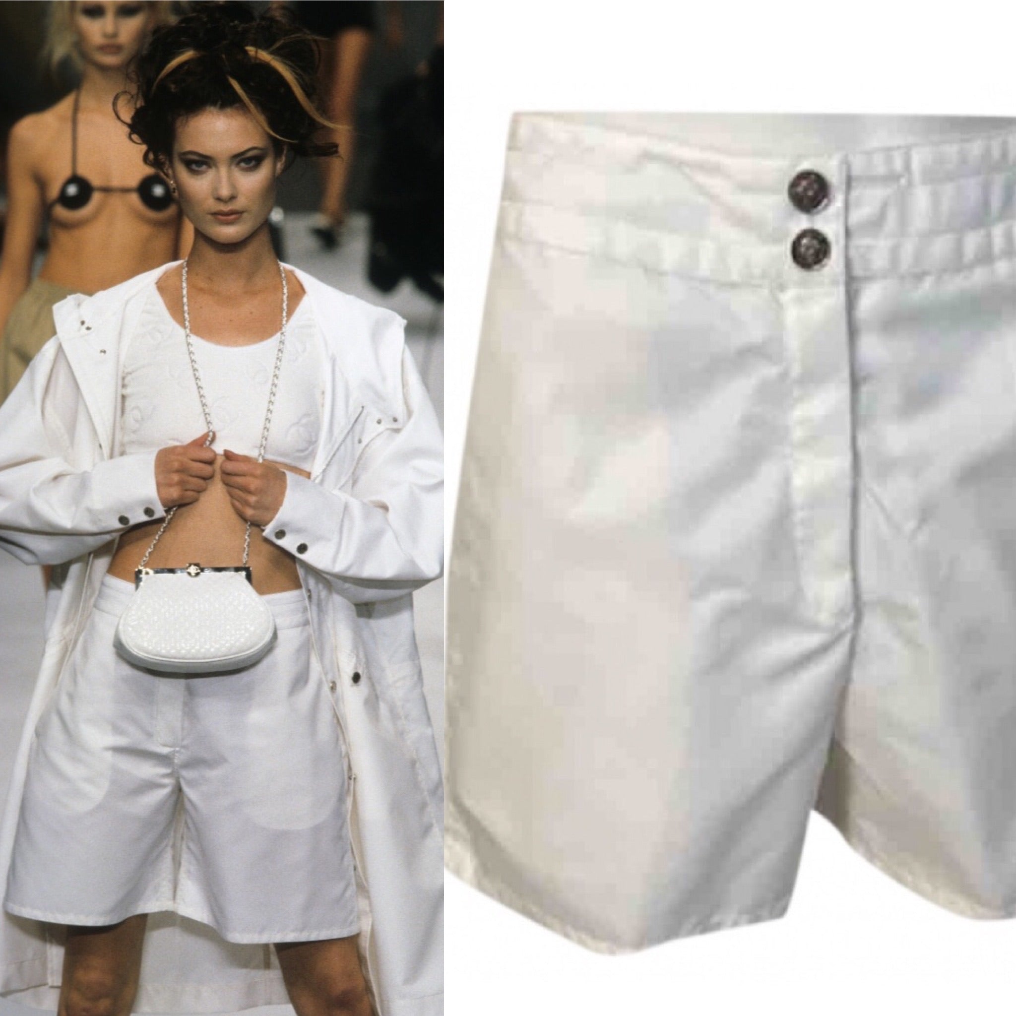 96P, 1996 Spring Vintage Chanel Boutique White Nylon Sport Shorts US 6