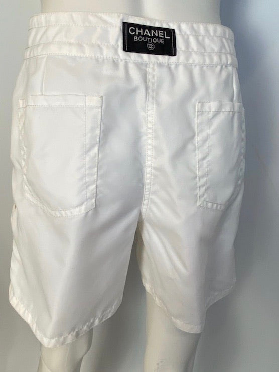 96P, 1996 Spring Vintage Chanel Boutique White Nylon Sport Shorts US 6