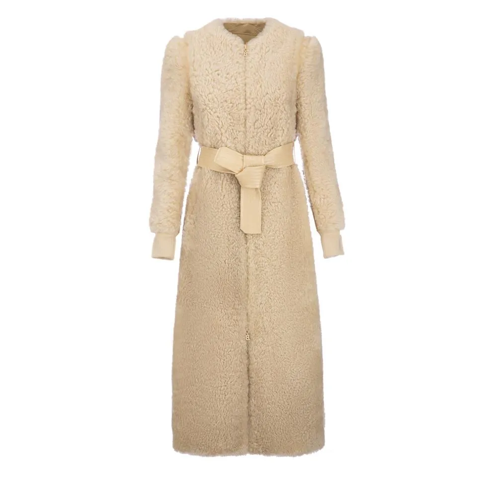 Bally Womens Long Teddy Borg Long Coat in Cream