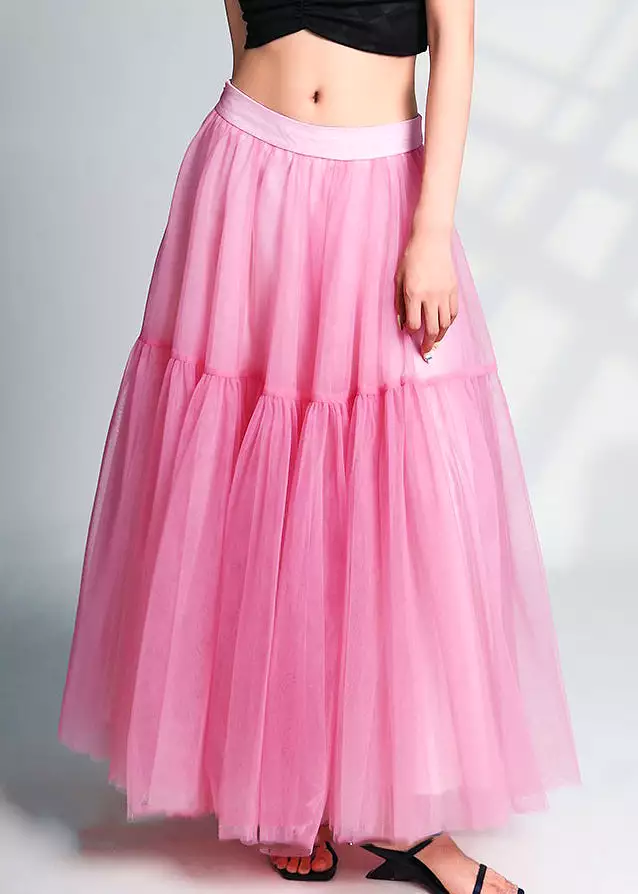 Beautiful Pink Wrinkled High Waist Tulle Skirts Summer AB1049