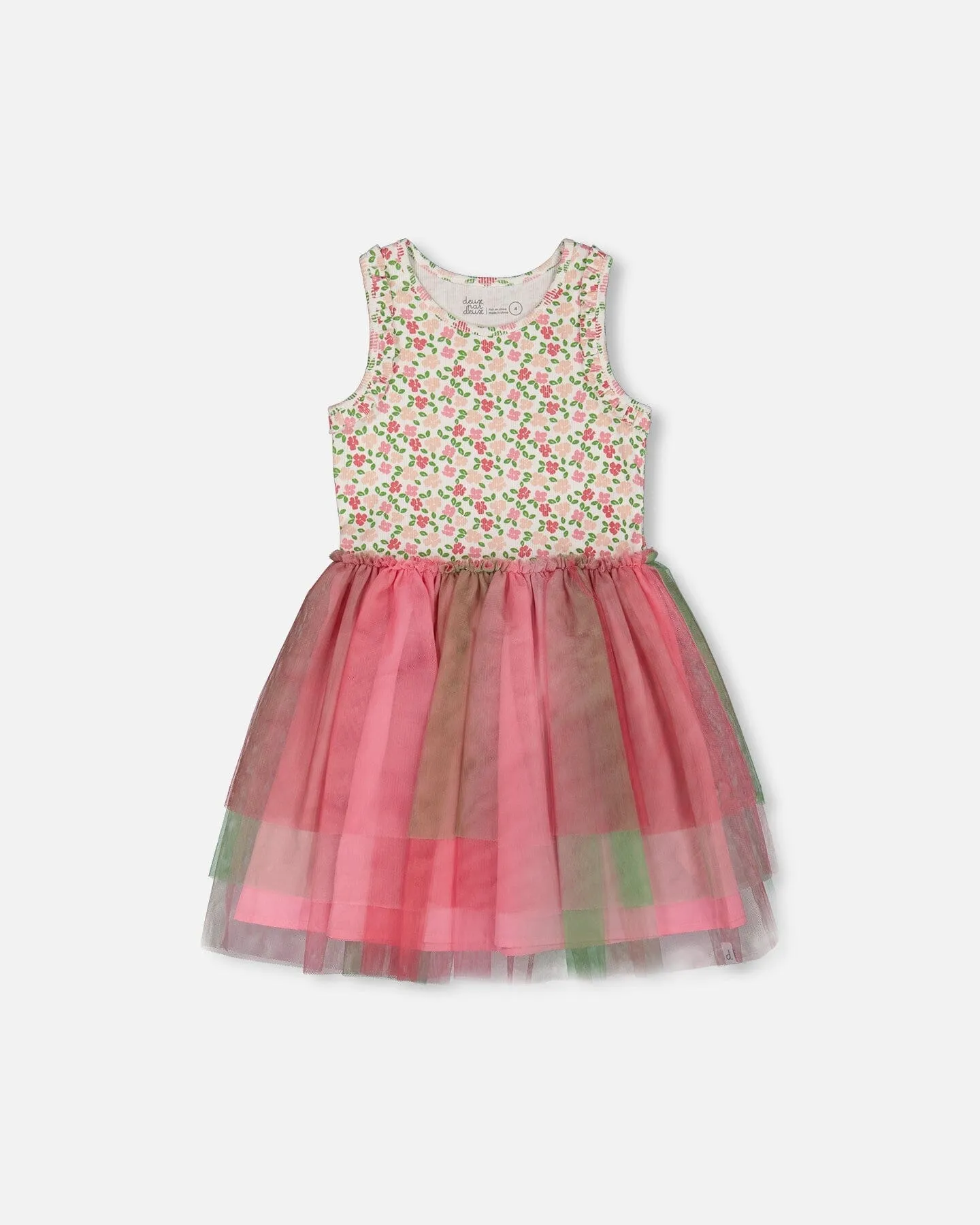 Bi-Material Cotton And Mesh Dress Small Flowers And Multicolored Gradient Skirt