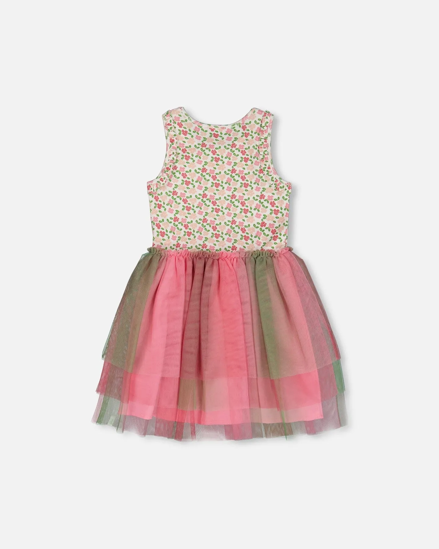 Bi-Material Cotton And Mesh Dress Small Flowers And Multicolored Gradient Skirt