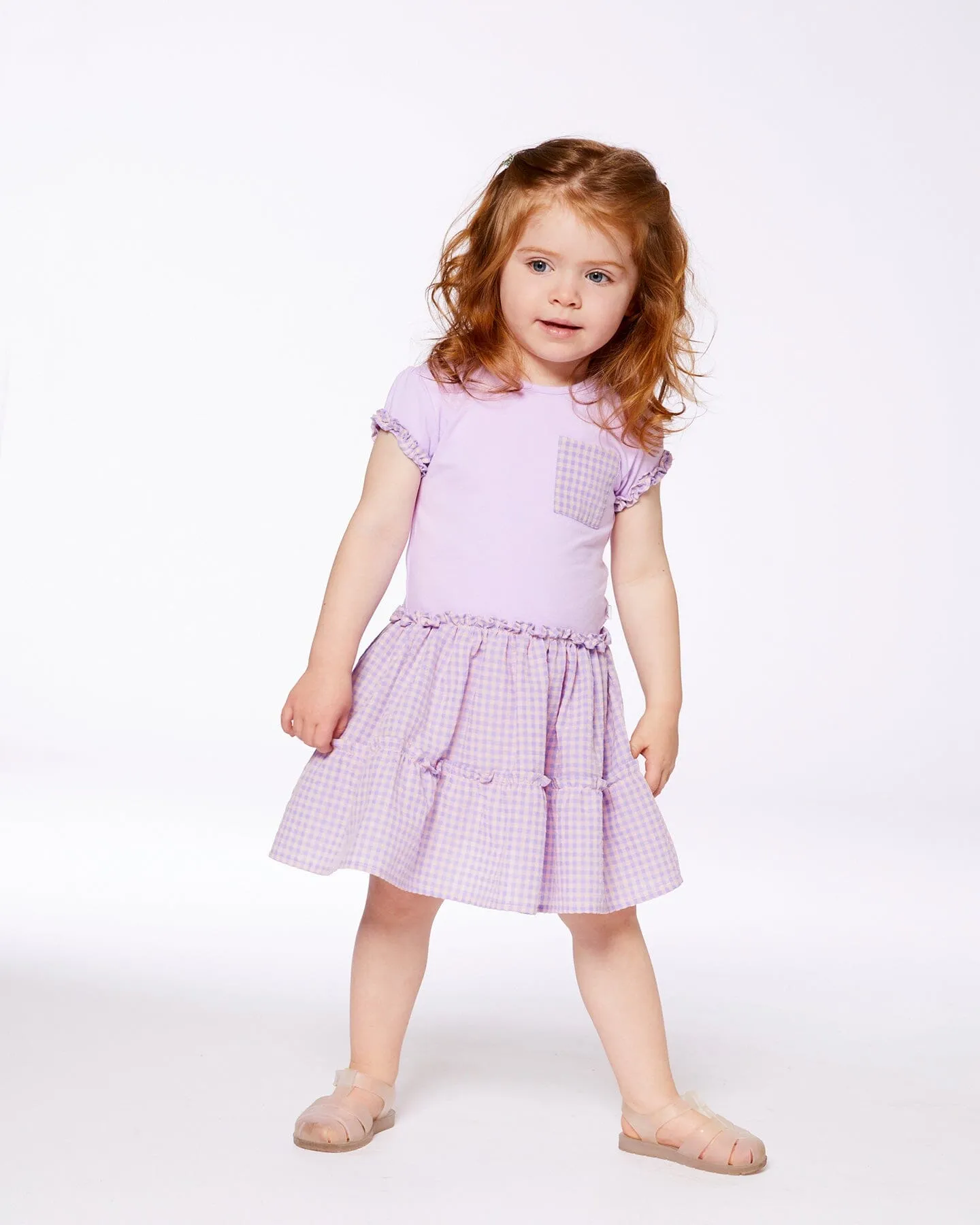 Bi-Material Dress With Ruffle Gingham Skirt Lilac And White