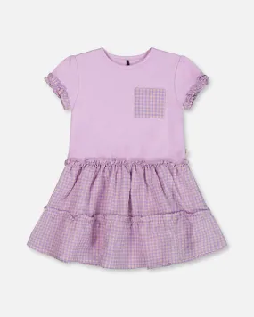 Bi-Material Dress With Ruffle Gingham Skirt Lilac And White