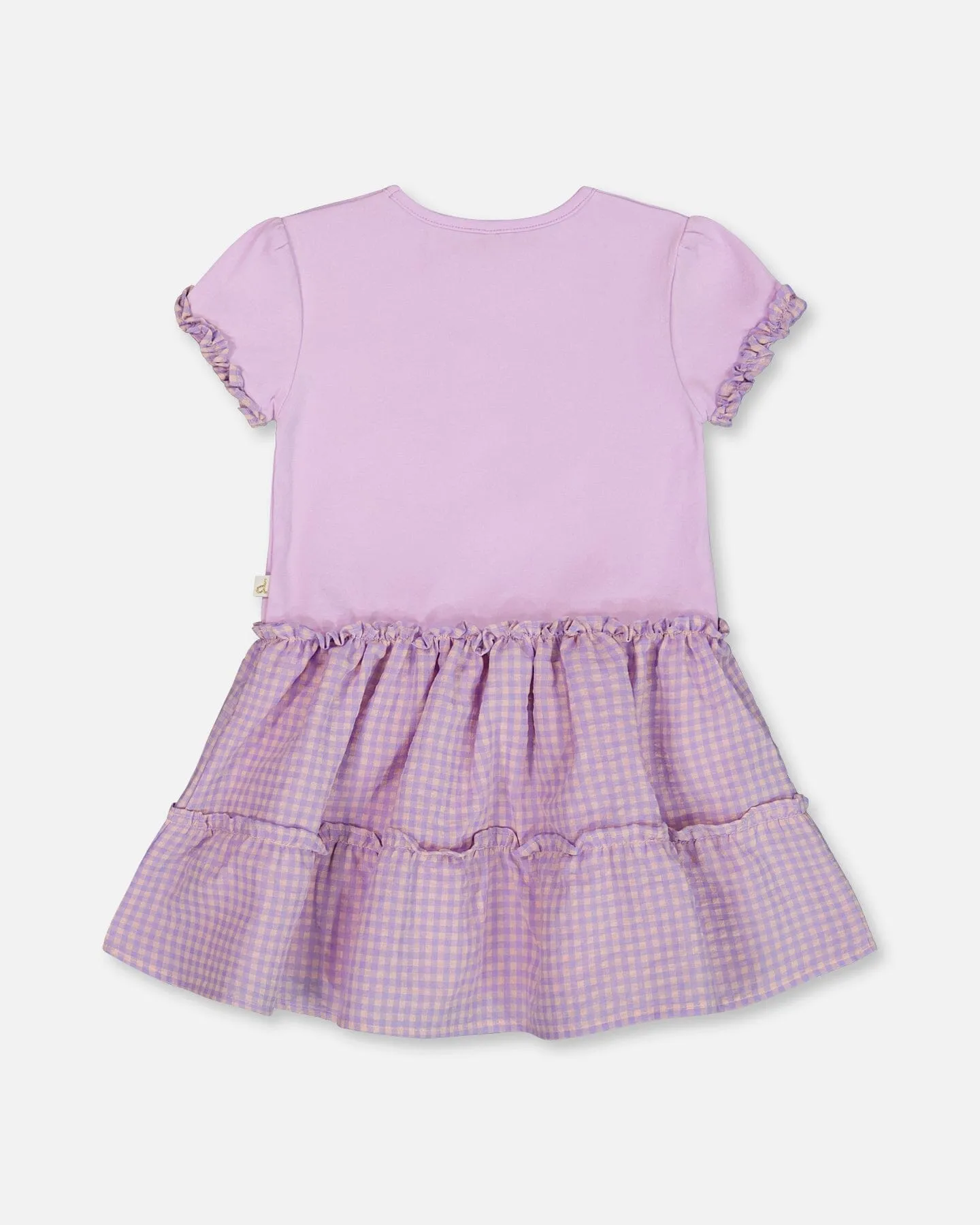 Bi-Material Dress With Ruffle Gingham Skirt Lilac And White