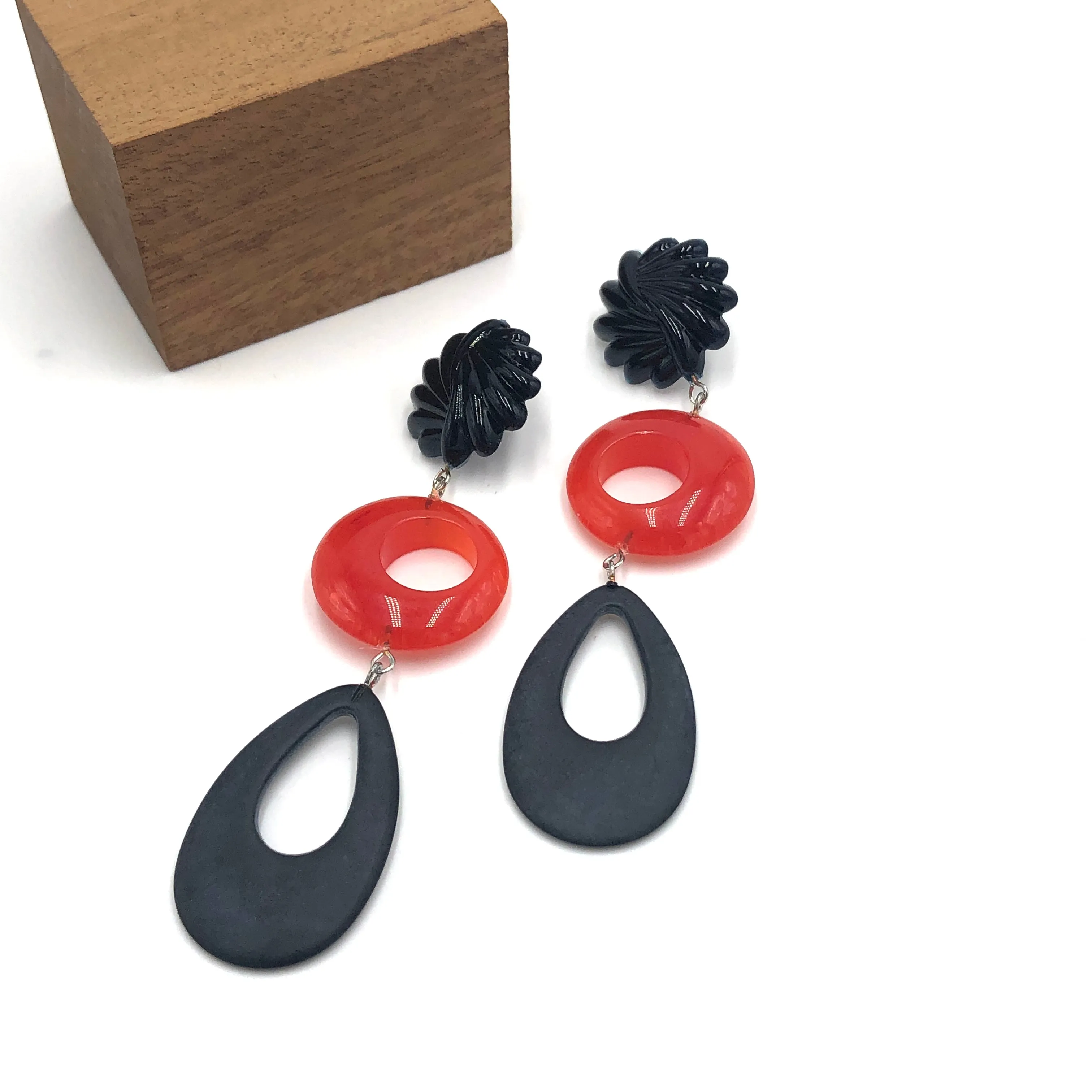 Black Carved & Tomato Tri-Ring Statement Earrings