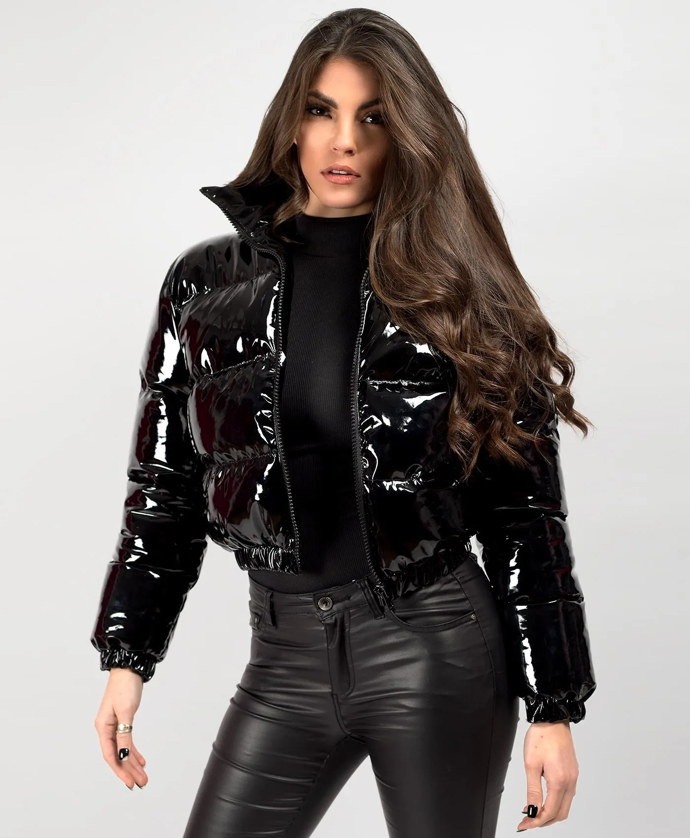 Black High Shine PU Vinyl Cropped Puffer Jacket