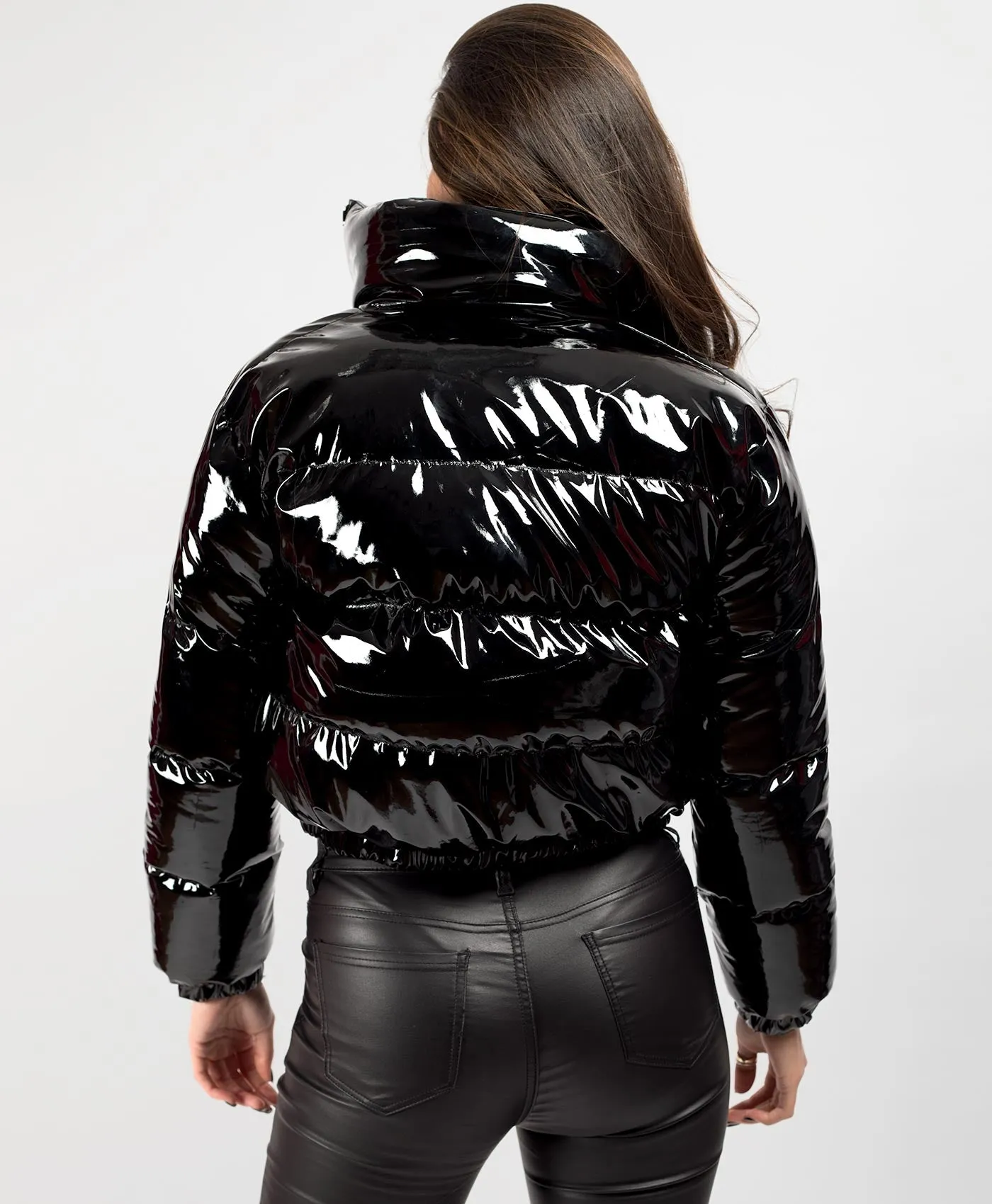 Black High Shine PU Vinyl Cropped Puffer Jacket