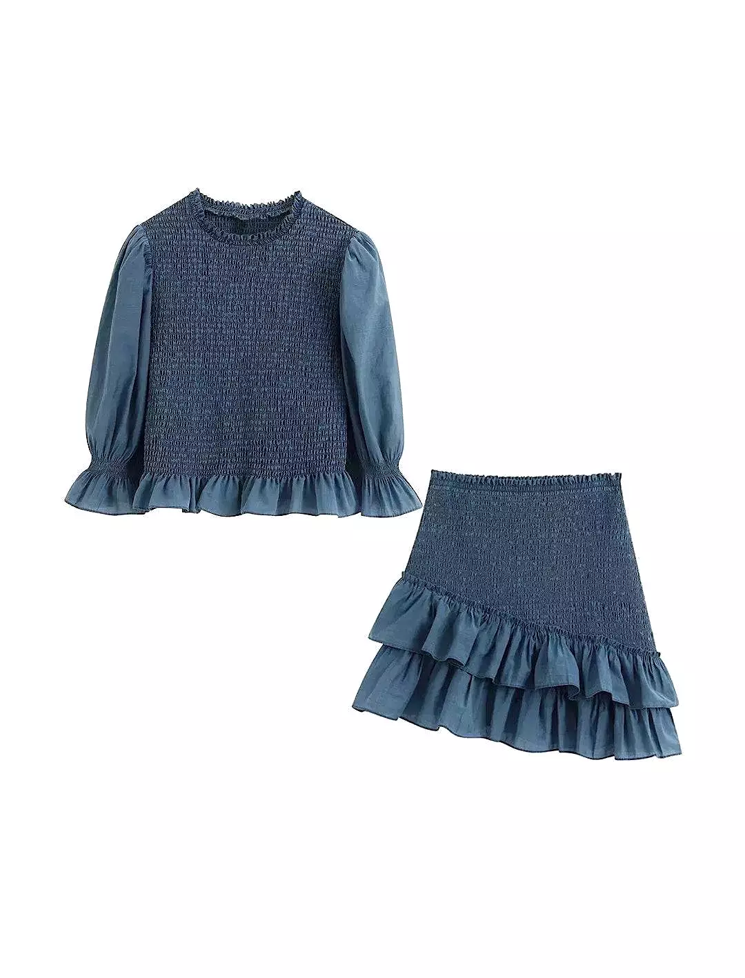 Blue Puff Sleeve Elastic Top And Skirt Two Piece Set