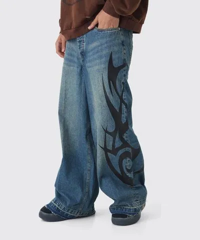 boohooMAN Mens Extreme Baggy Rigid Flame Denim Jeans