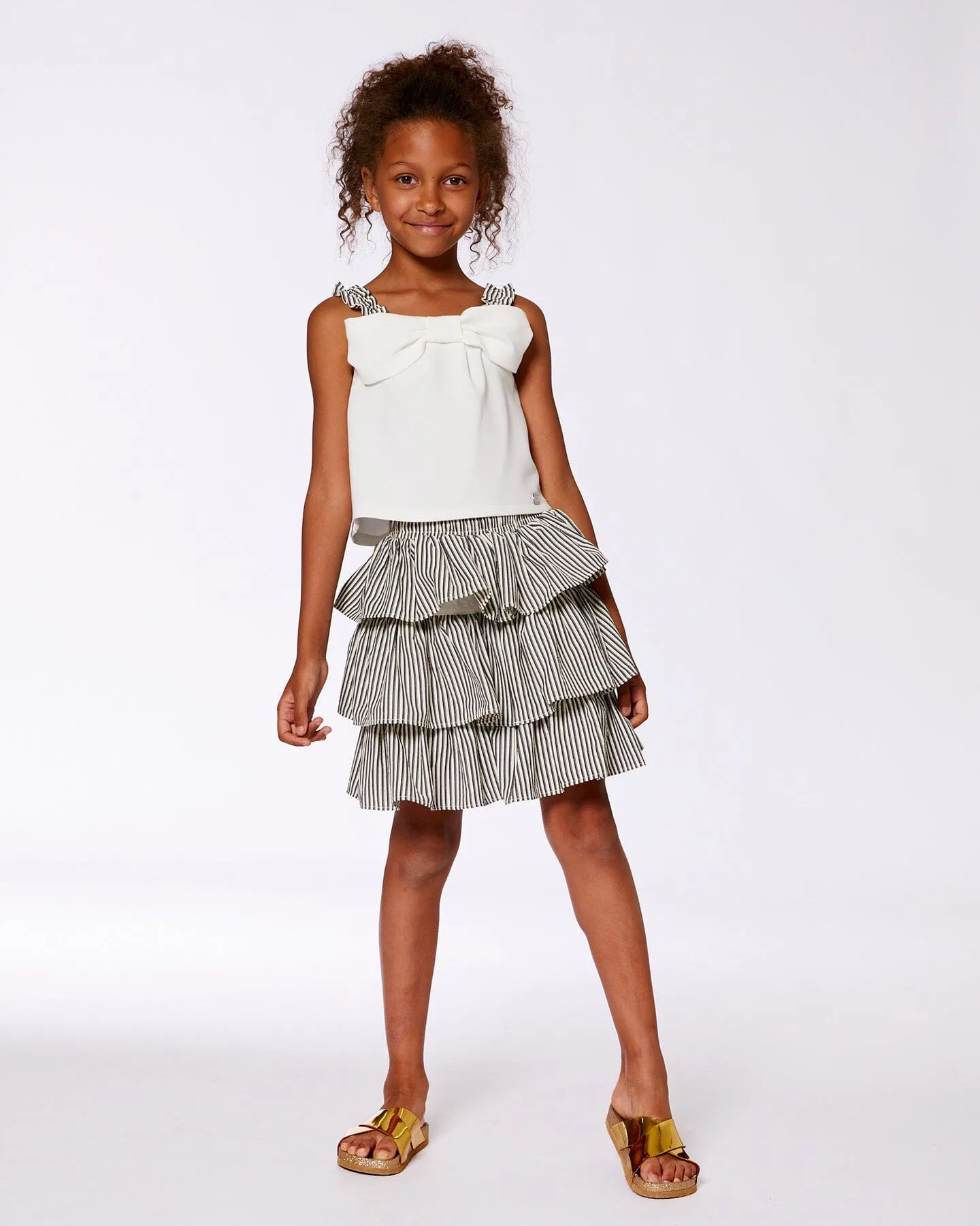 Bow Top And Ruffled Skirt Set White And Black Striped