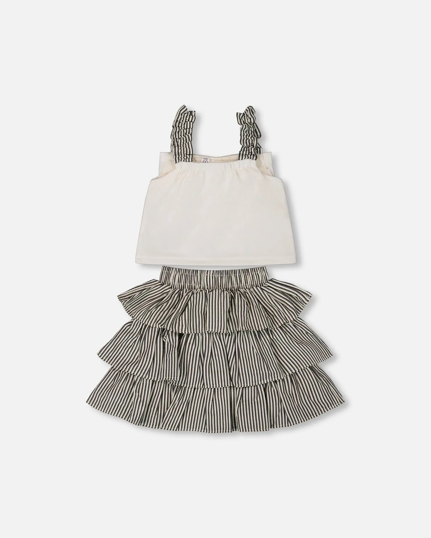 Bow Top And Ruffled Skirt Set White And Black Striped