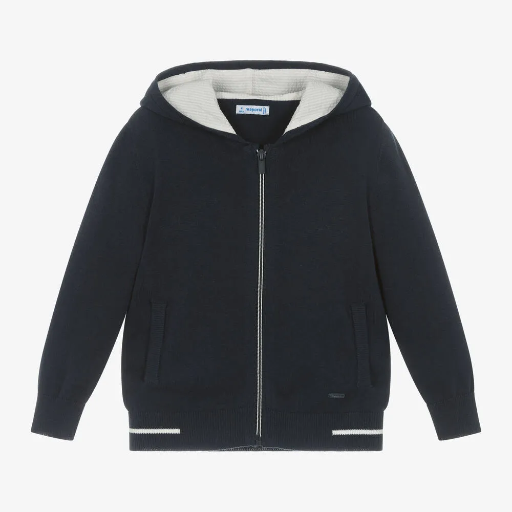 Boys Navy Blue Knit Zip-Up Hoodie