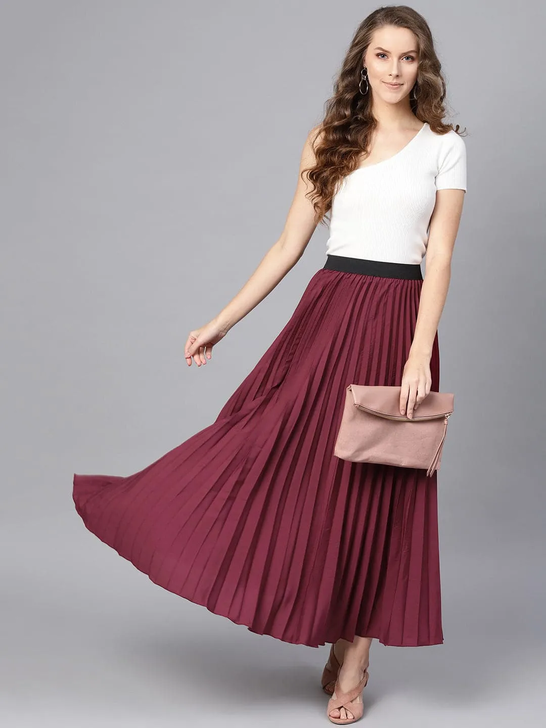 Burgundy Pleated Maxi Skirt