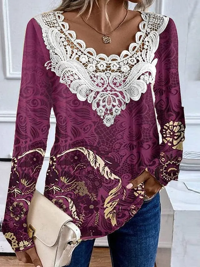 Casual Floral Long Sleeve Shirt Blouse for Women with Lace Patchwork