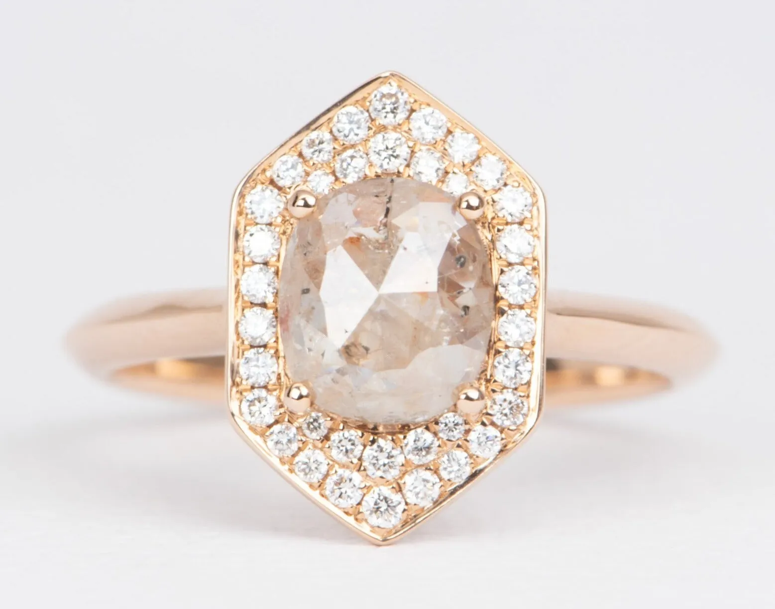 Champagne Diamond with Hexagon Shape Halo 14K Rose Gold Engagement Ring R6481