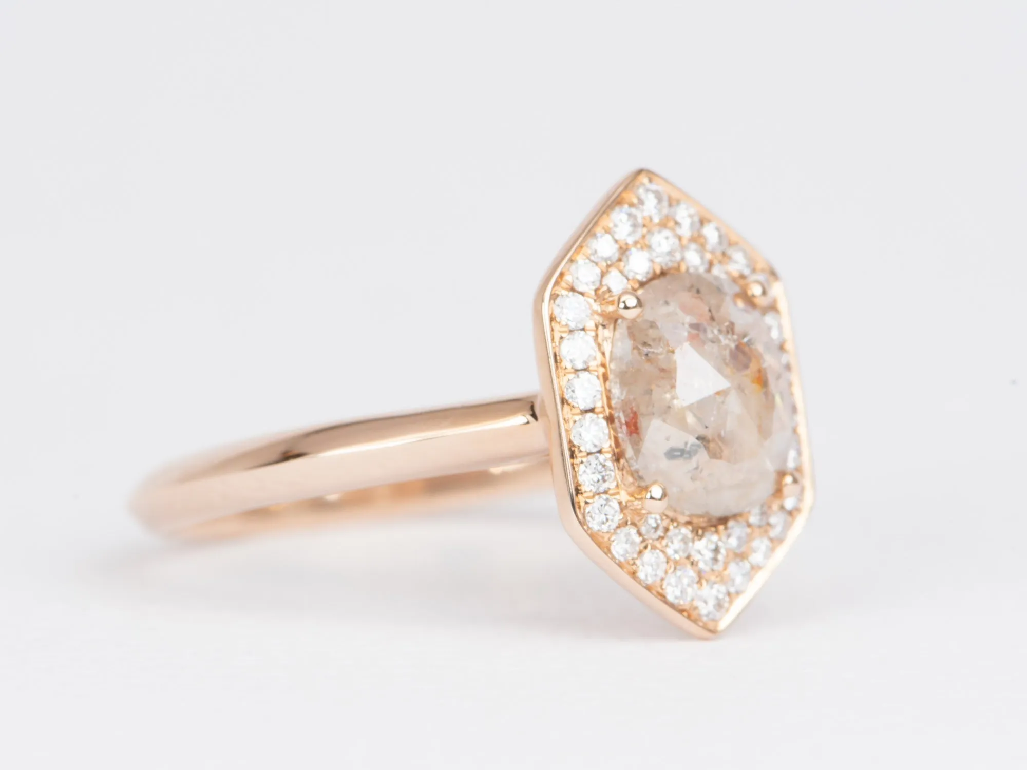 Champagne Diamond with Hexagon Shape Halo 14K Rose Gold Engagement Ring R6481