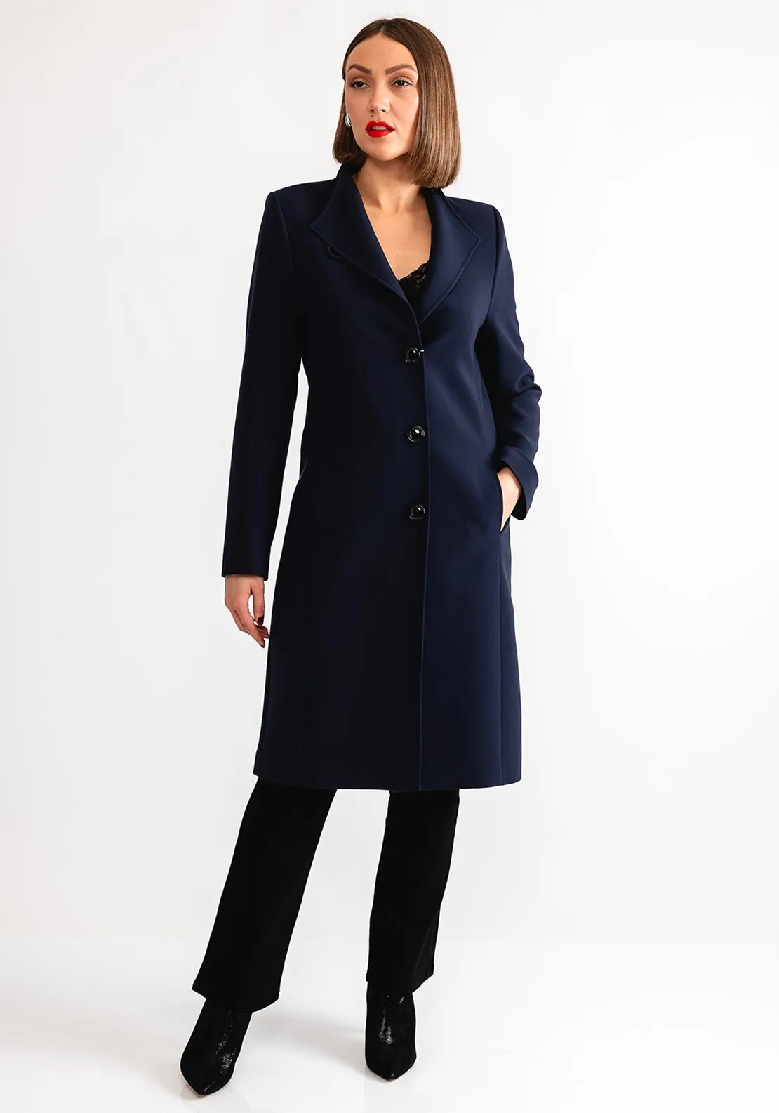 Christina Felix Classic Tailored Buttoned Long Coat, Navy