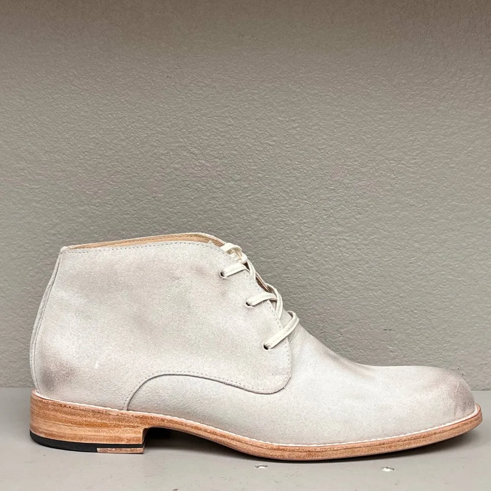 Chukka Boot- lace up/ white suede w/ oil accents/ leather sole