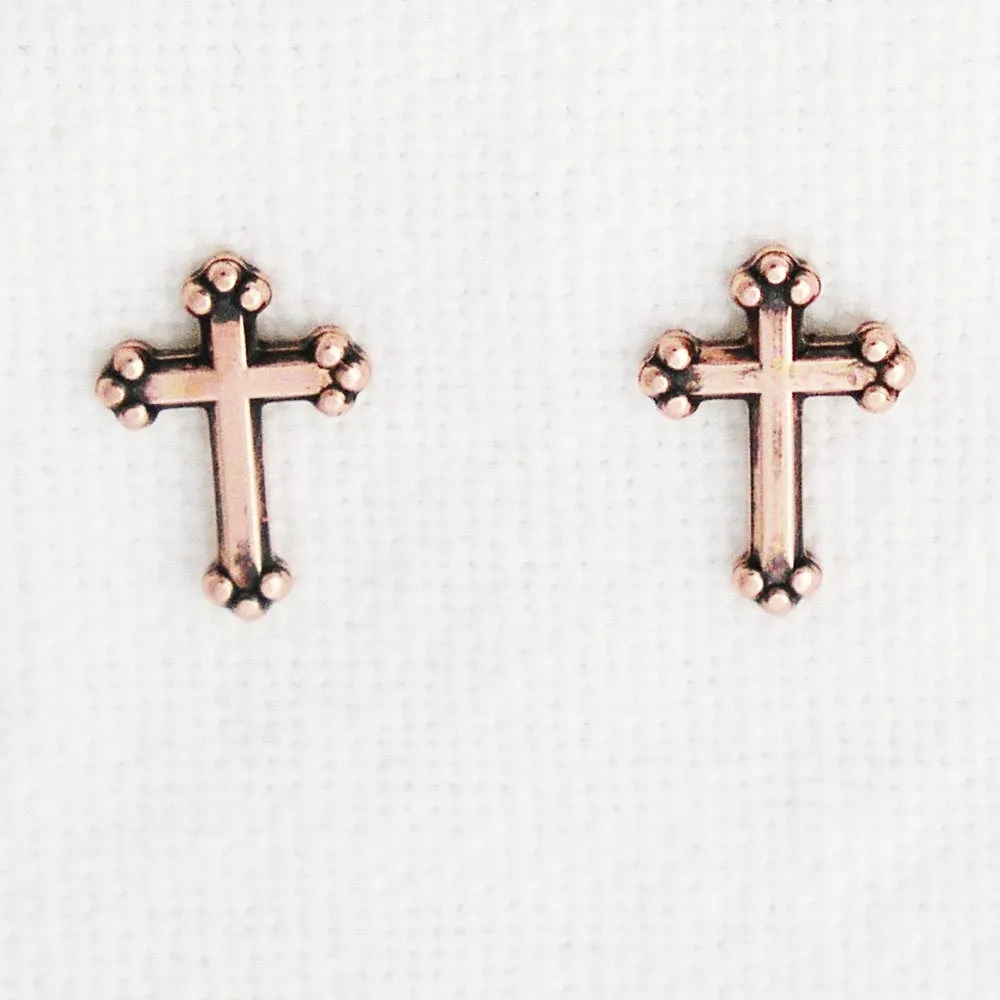 Copper Stud Earrings 2 Pair Set Copper Florentine Cross Earring Studs with Hypoallergenic Steel Post and Clutches