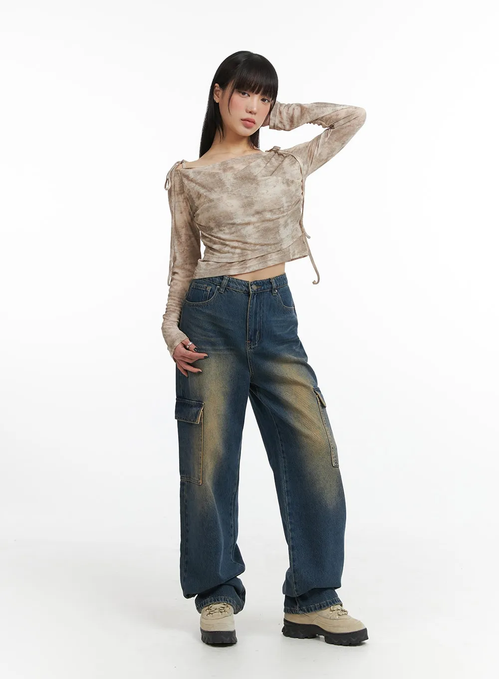 Denim High Waist Wide Leg Pocket Cargo Jeans IJ411