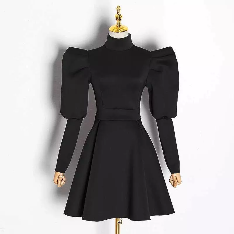 Exaggerated Shoulder Long Sleeve Flared Skirt Dress