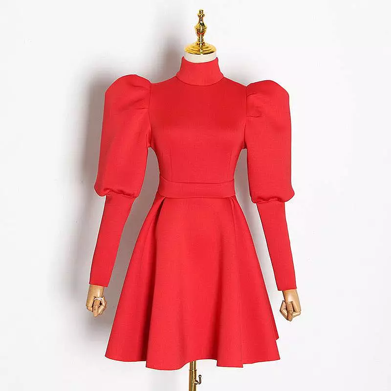 Exaggerated Shoulder Long Sleeve Flared Skirt Dress