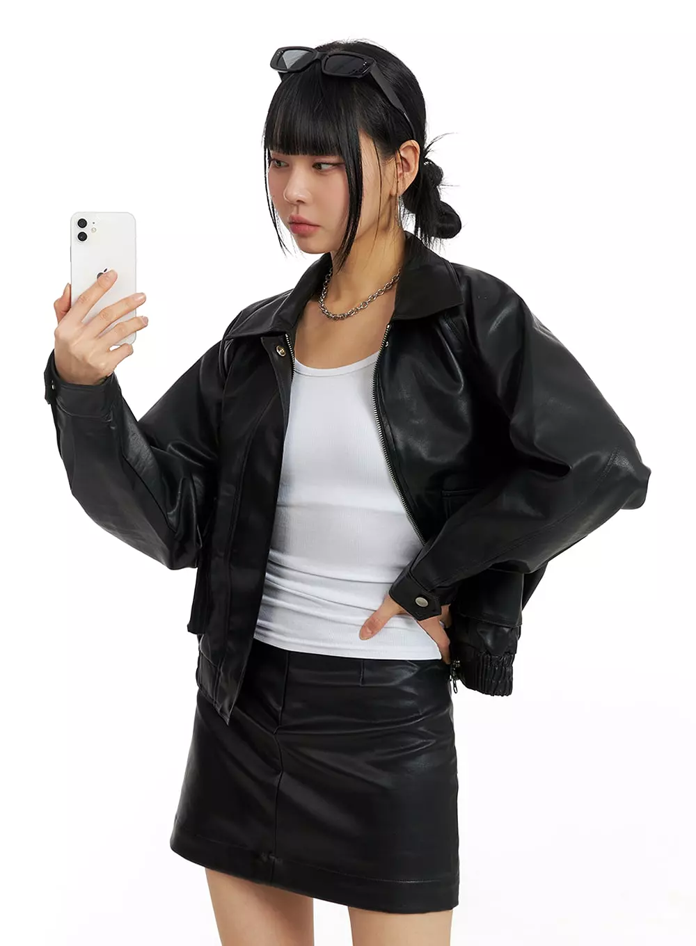 Faux Leather Collar Pocket Bomber Jacket IM414