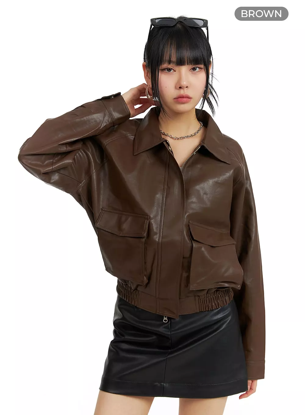 Faux Leather Collar Pocket Bomber Jacket IM414