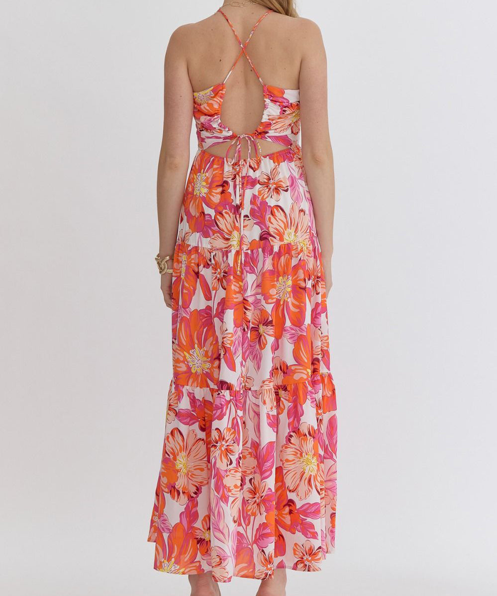 Floral Halter Neck Maxi Dress - Orange