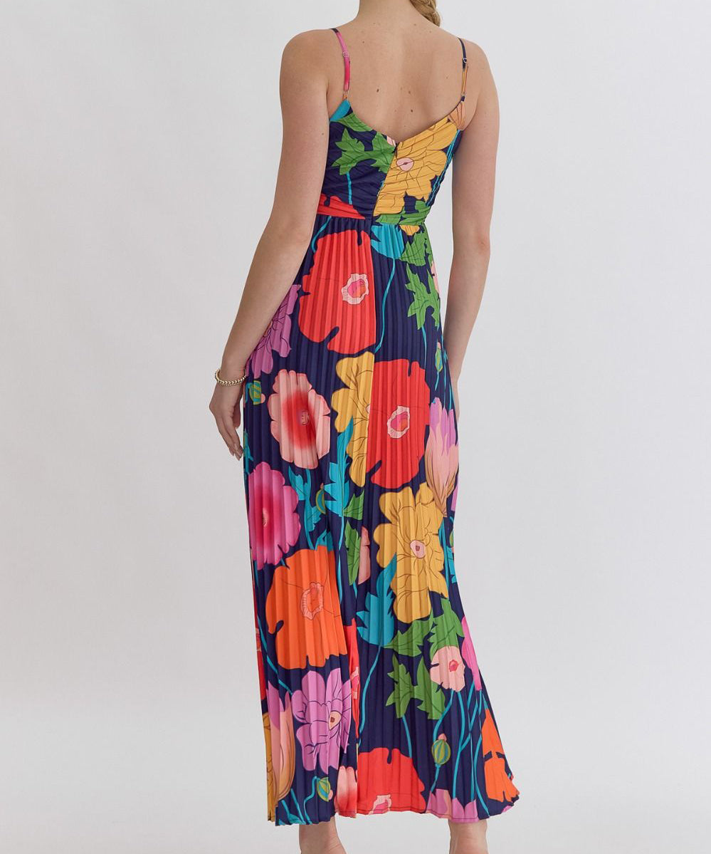 Floral Pleated Maxi Dress - Navy