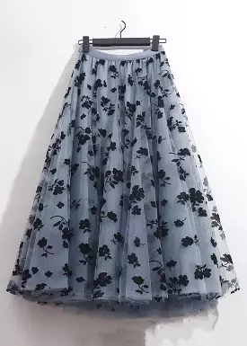 French Blue Floral Elastic Waist Tulle Skirts Summer AS1066