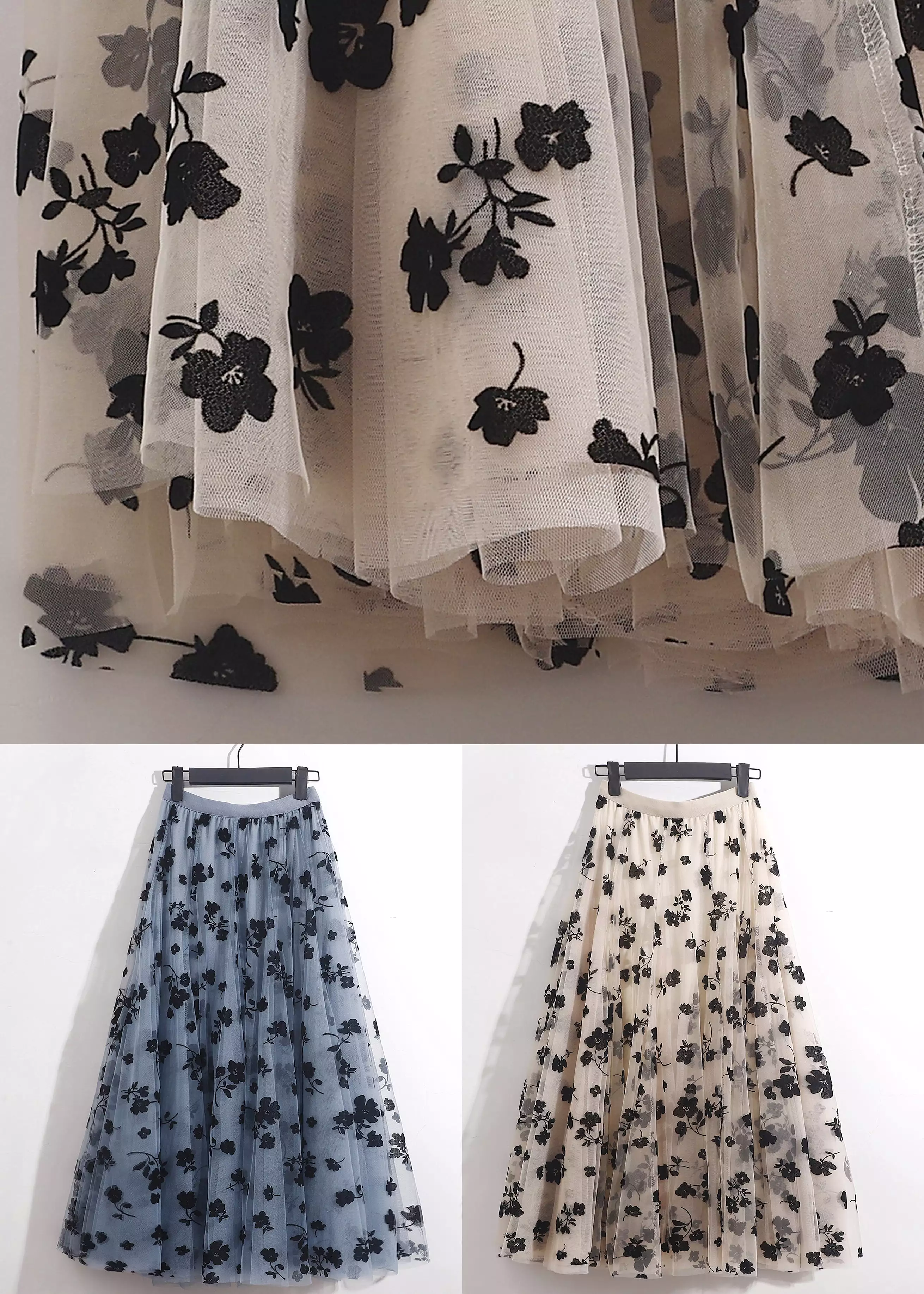 French Blue Floral Elastic Waist Tulle Skirts Summer AS1066