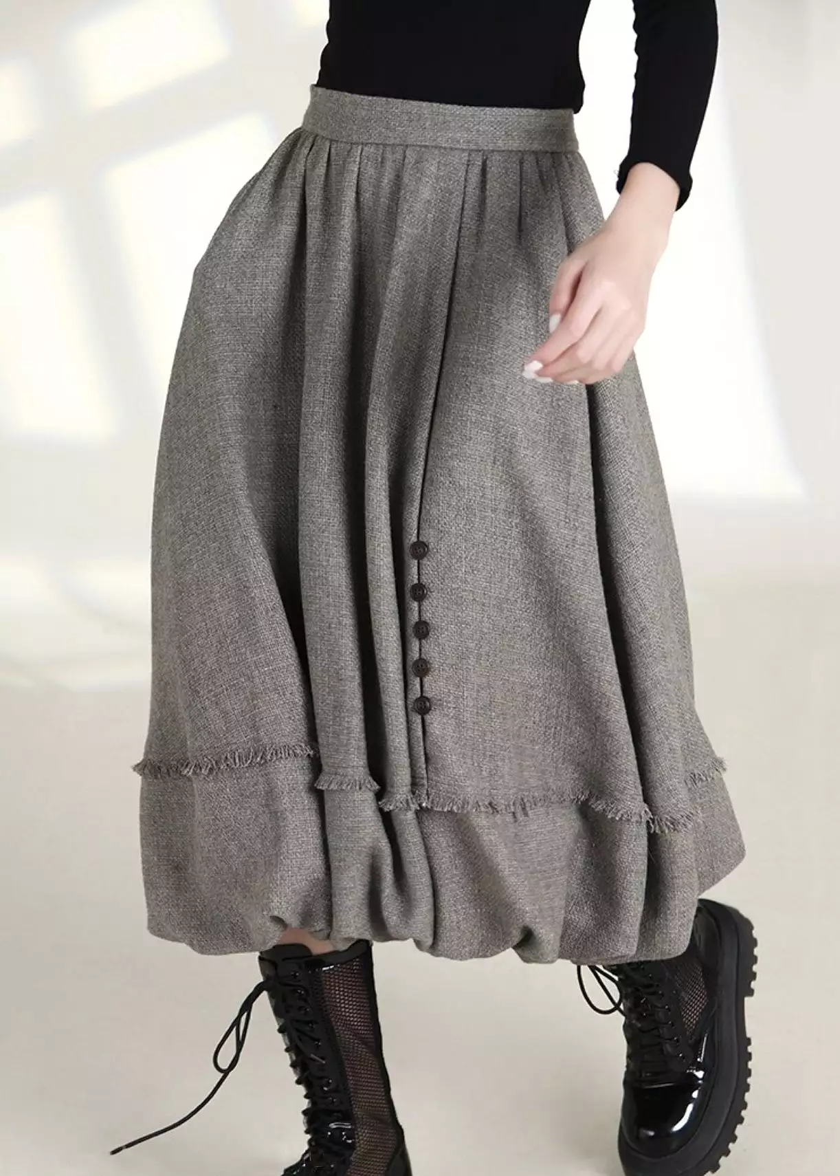 French Grey Zippered Pockets High Waist Cotton Skirts Spring AS1006