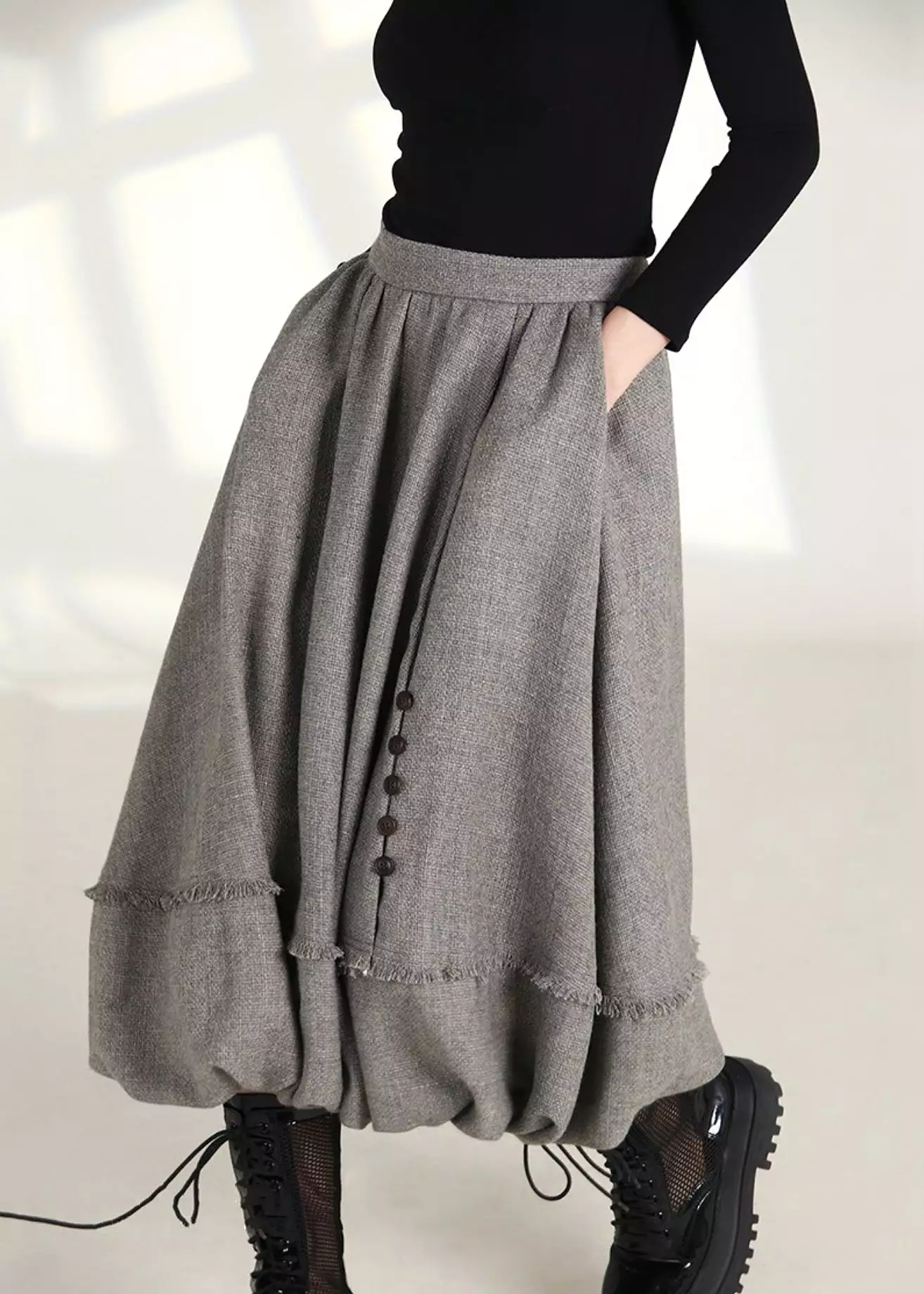 French Grey Zippered Pockets High Waist Cotton Skirts Spring AS1006