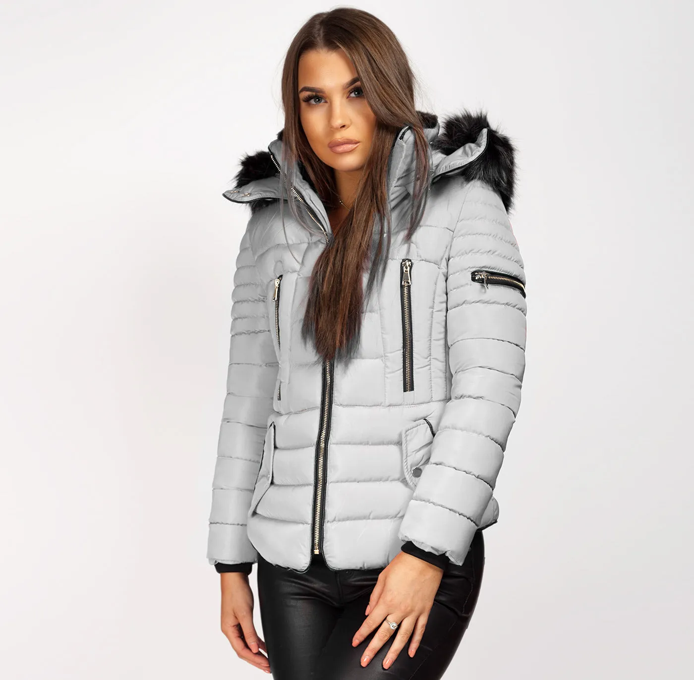 Grey Faux Fur Hooded Double Zip Padded Puffer Jacket