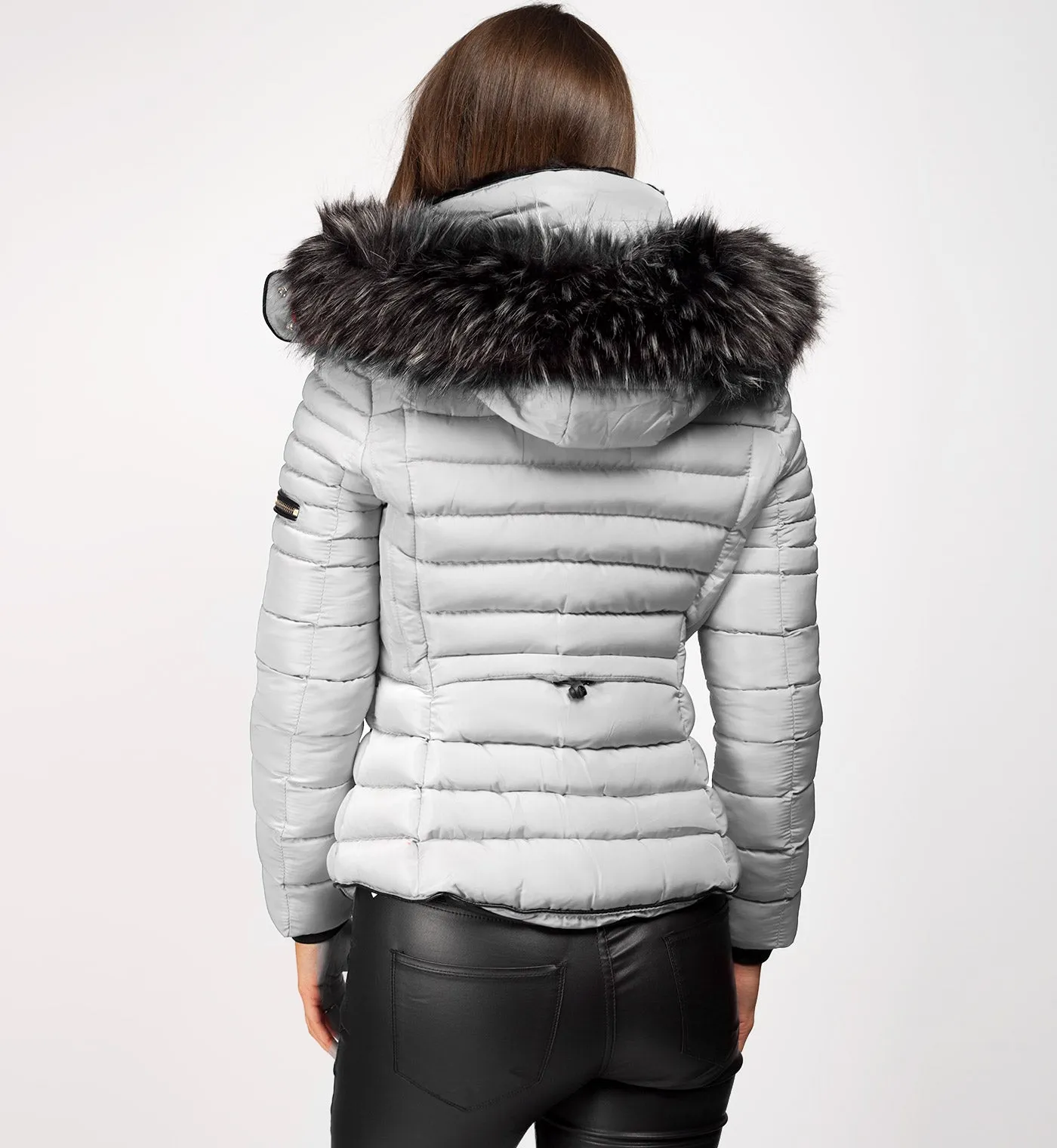 Grey Faux Fur Hooded Double Zip Padded Puffer Jacket