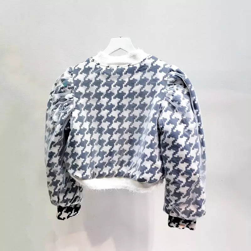 Houndstooth Ruched Sleeve Mesh Bomber Jacket