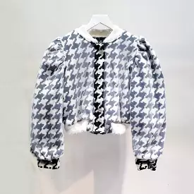 Houndstooth Ruched Sleeve Mesh Bomber Jacket