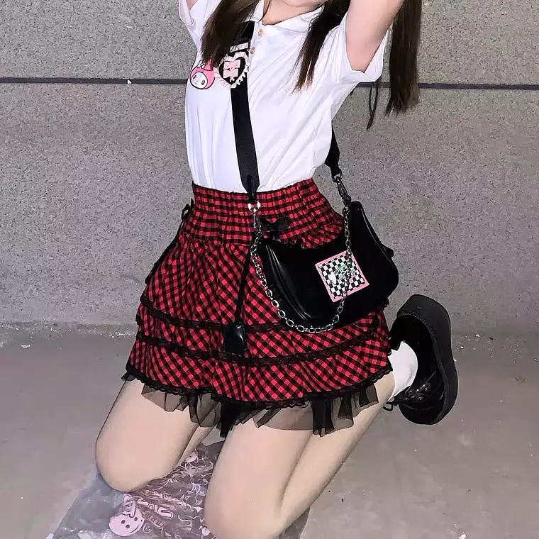 JAPANESE HOT GIRL PUNK PLAID LACE CAKE SKIRT BY90131