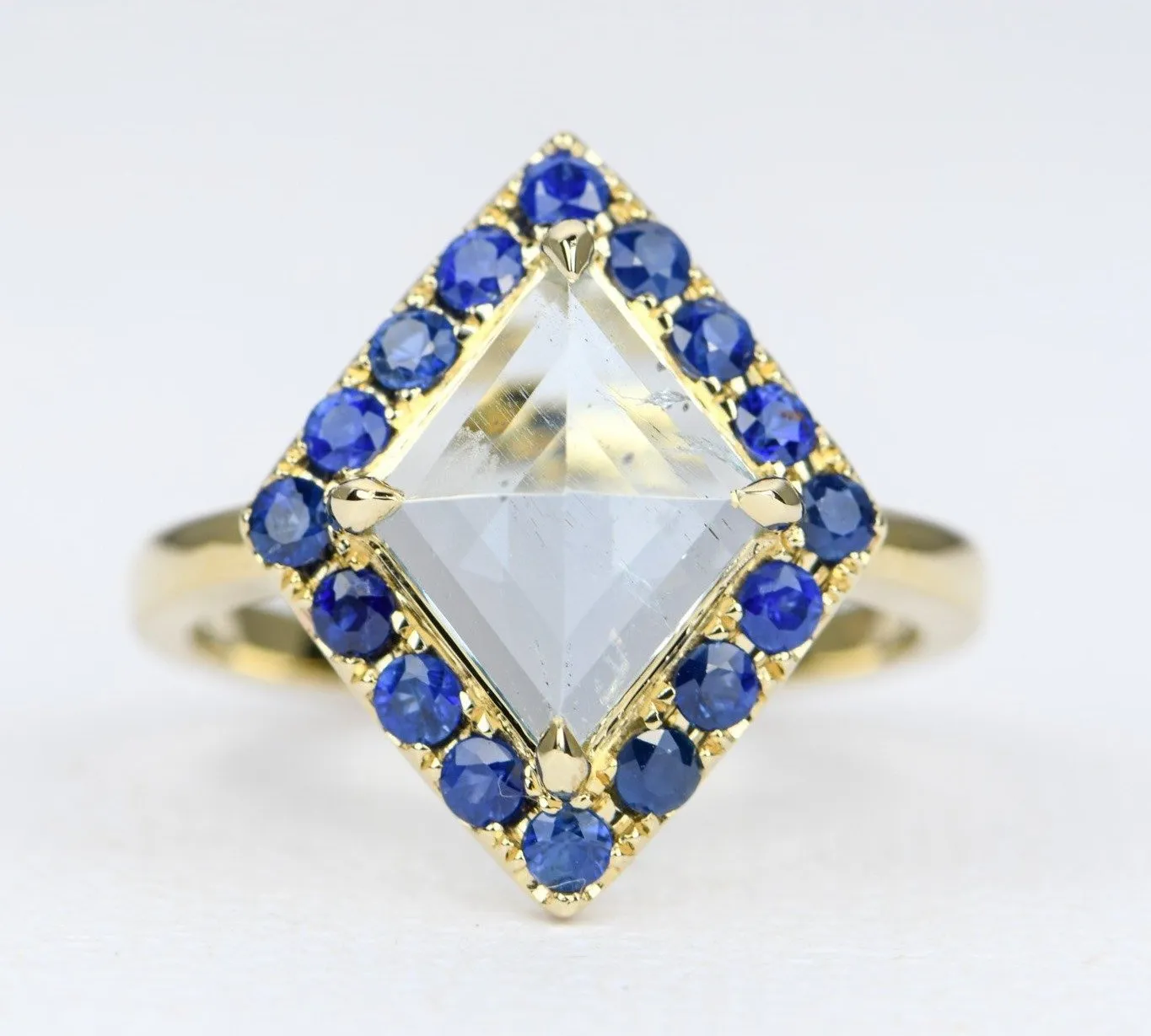 Kite Shape Aquamarine Blue Sapphire Halo 14K Yellow Gold Engagement Ring Alternative Bride AD1997