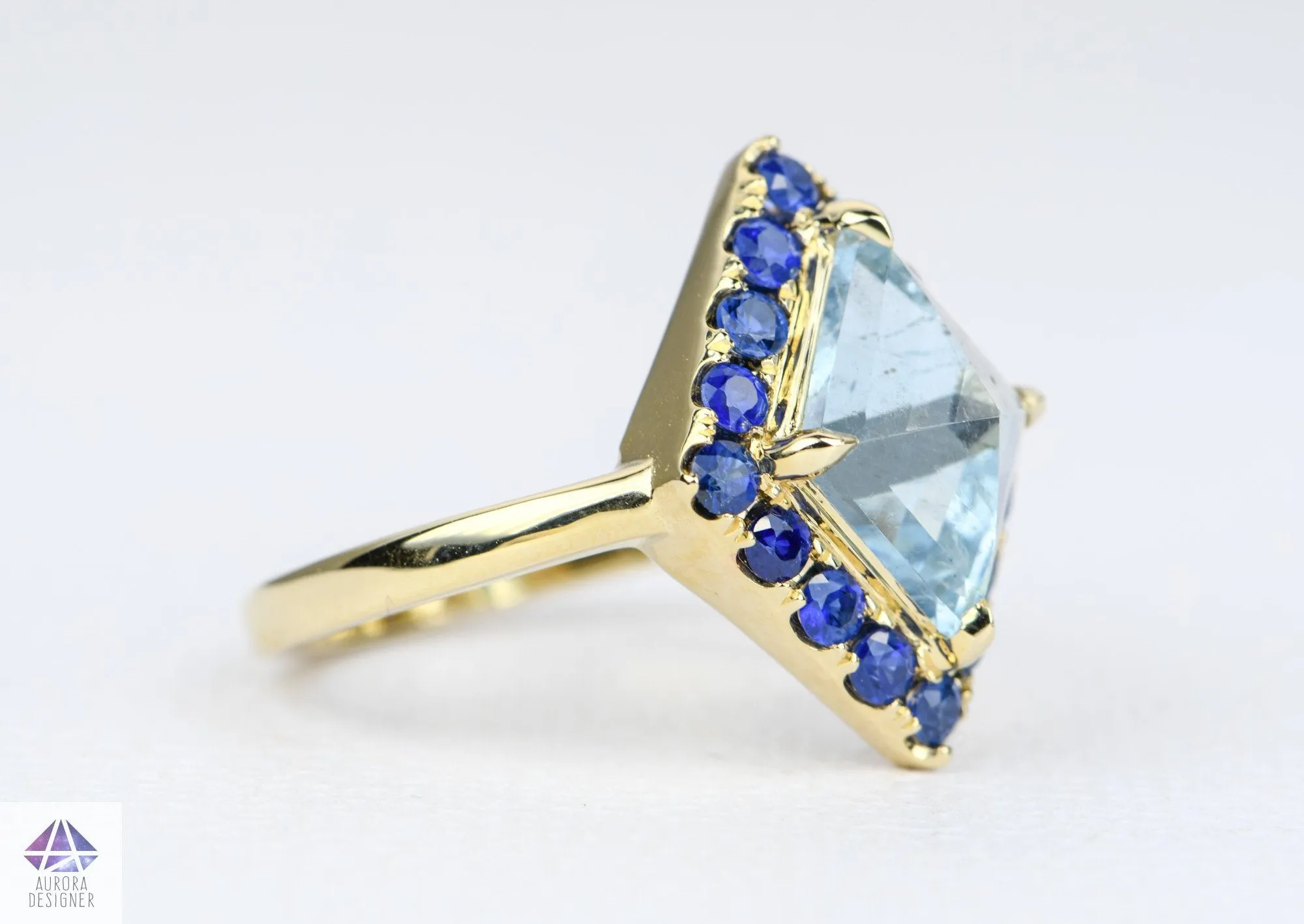 Kite Shape Aquamarine Blue Sapphire Halo 14K Yellow Gold Engagement Ring Alternative Bride AD1997