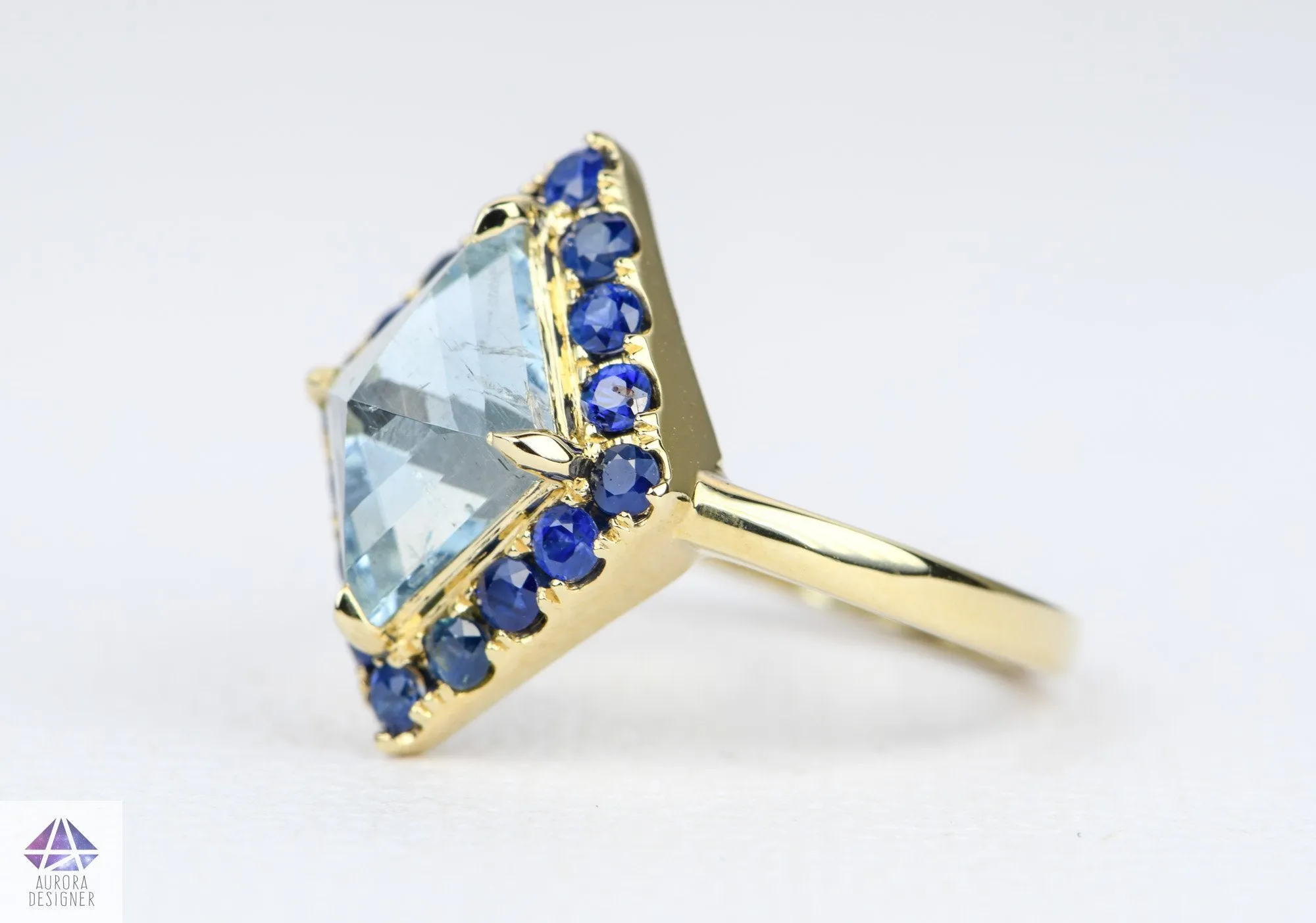 Kite Shape Aquamarine Blue Sapphire Halo 14K Yellow Gold Engagement Ring Alternative Bride AD1997