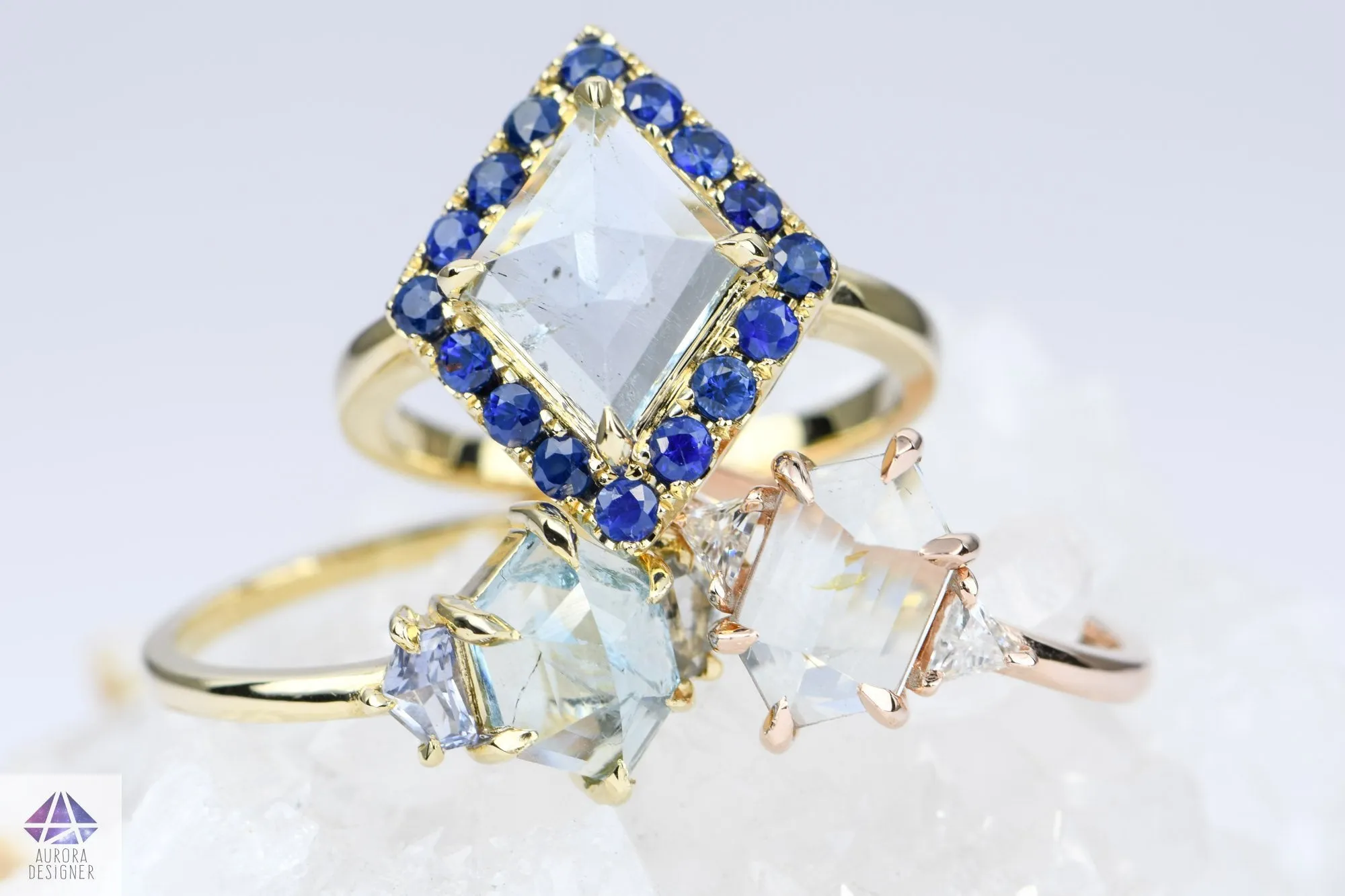 Kite Shape Aquamarine Blue Sapphire Halo 14K Yellow Gold Engagement Ring Alternative Bride AD1997