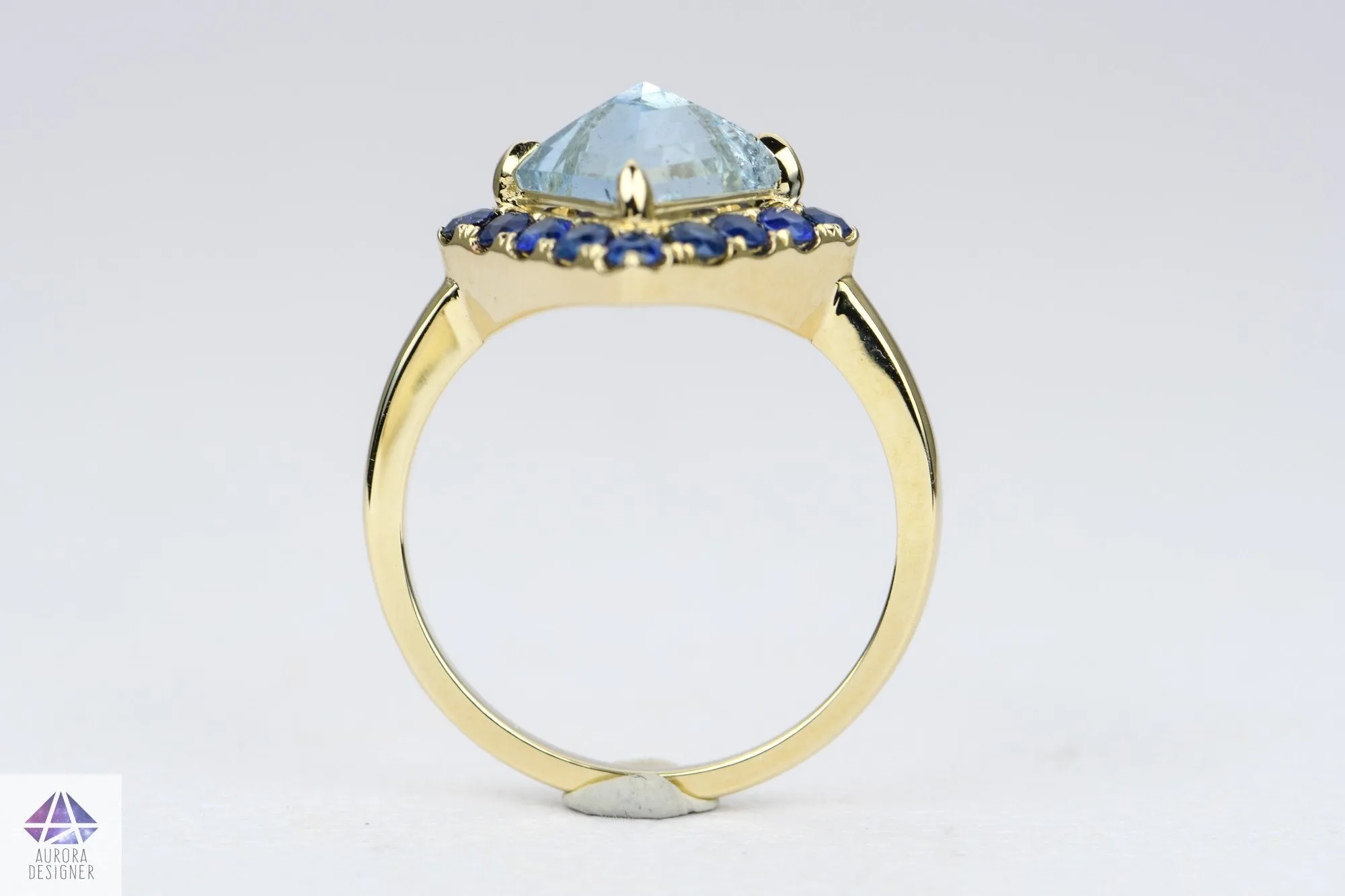 Kite Shape Aquamarine Blue Sapphire Halo 14K Yellow Gold Engagement Ring Alternative Bride AD1997