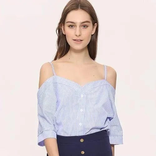 Korean Style Sweet Off Shoulder Women’s Striped Slash Neck Summer Blouse