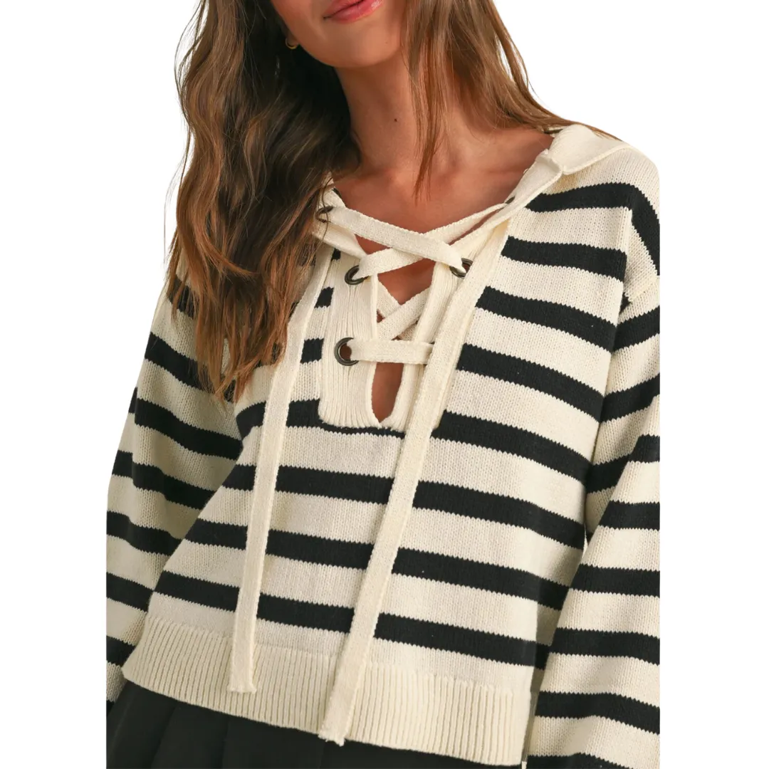 LACE UP STRIPED SWEATER